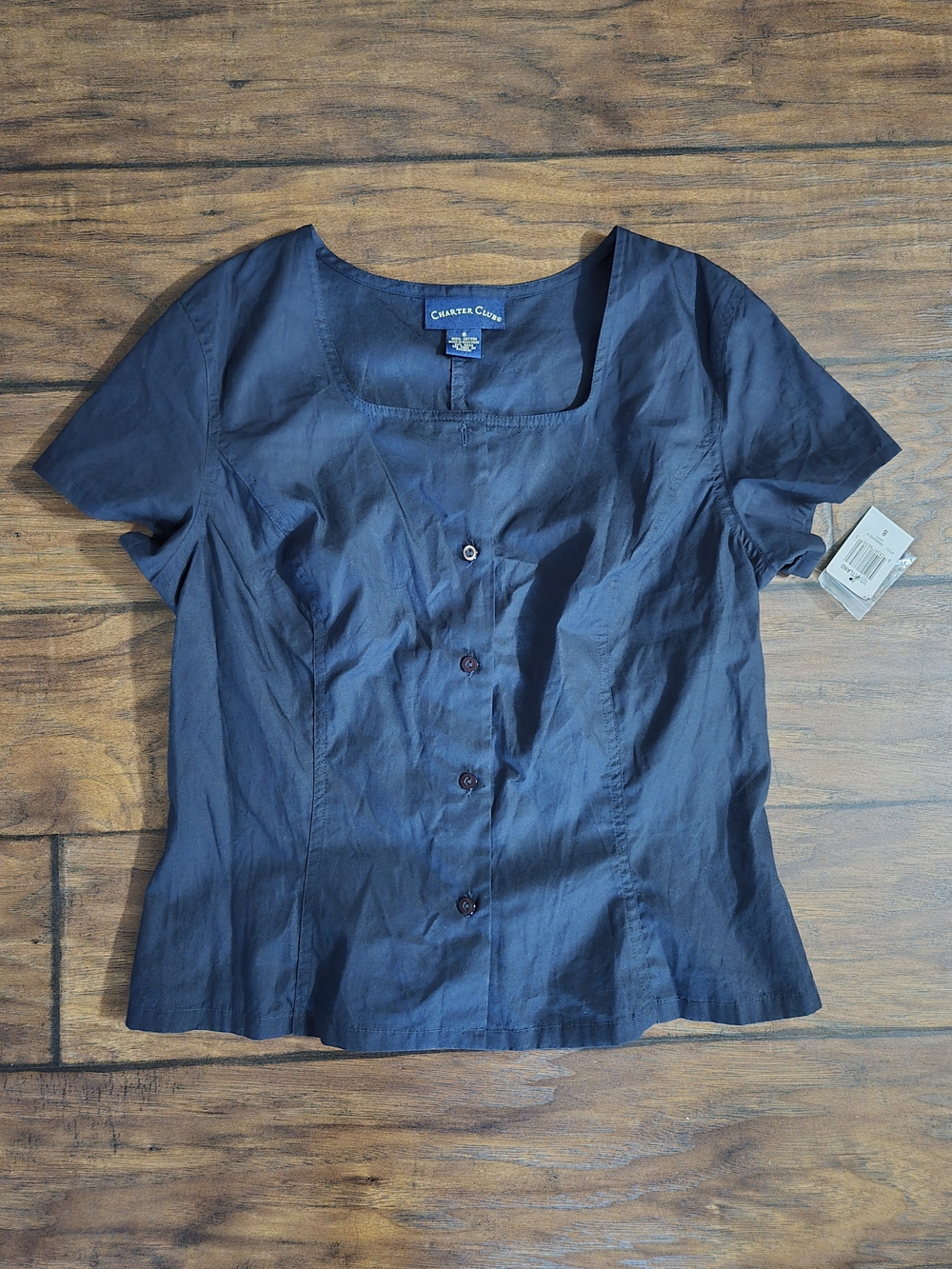 NWT Charter Club Navy Short-Sleeve Button Front Blouse